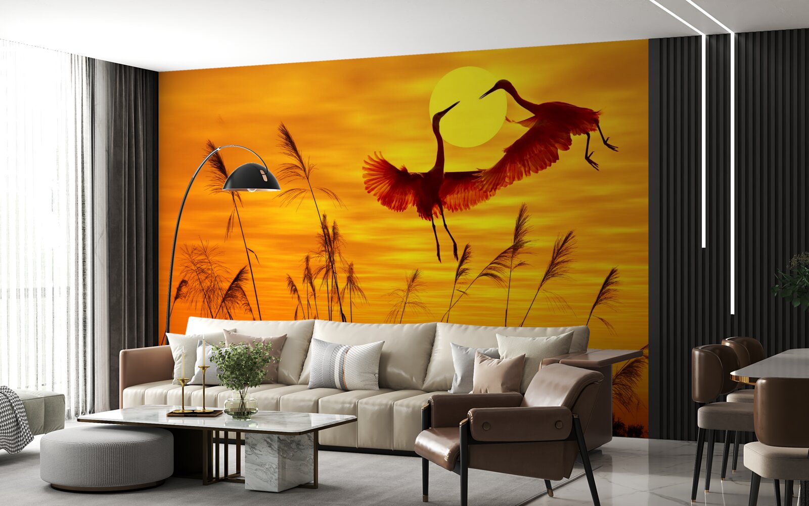 Фотошпалери захід сонця супроводжується зграєю журавлів