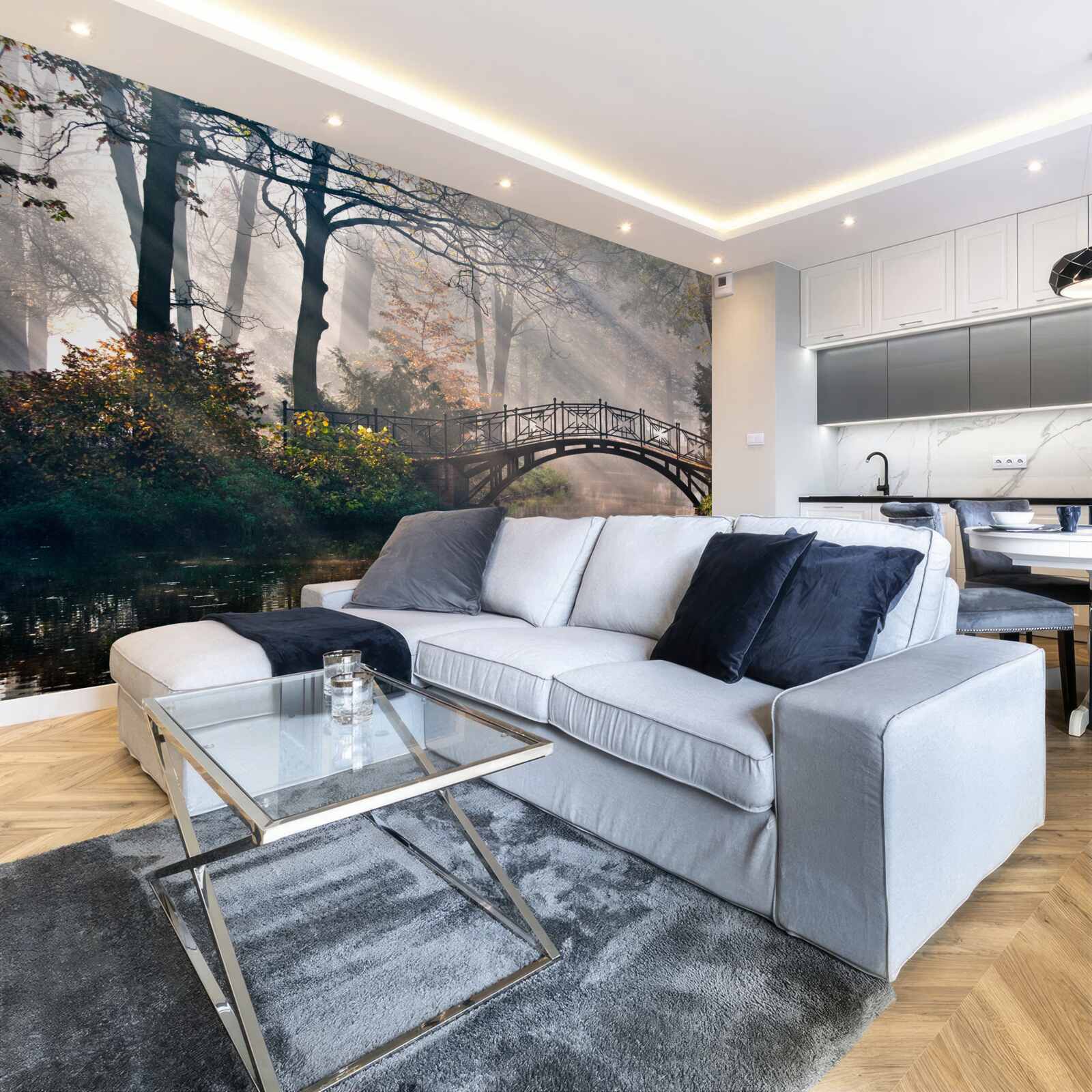 Фотошпалери туманний лісовий міст, що перекинутий через озеро, зроблений з дерева