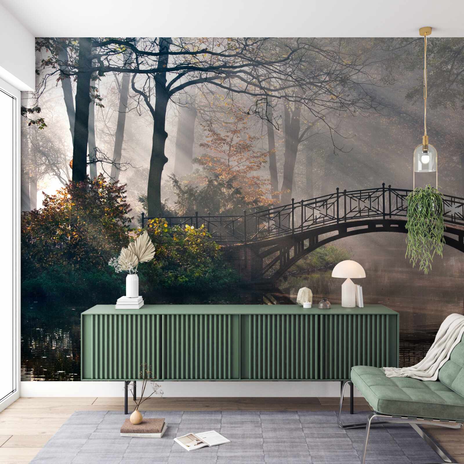 Фотошпалери туманний лісовий міст, що перекинутий через озеро, зроблений з дерева