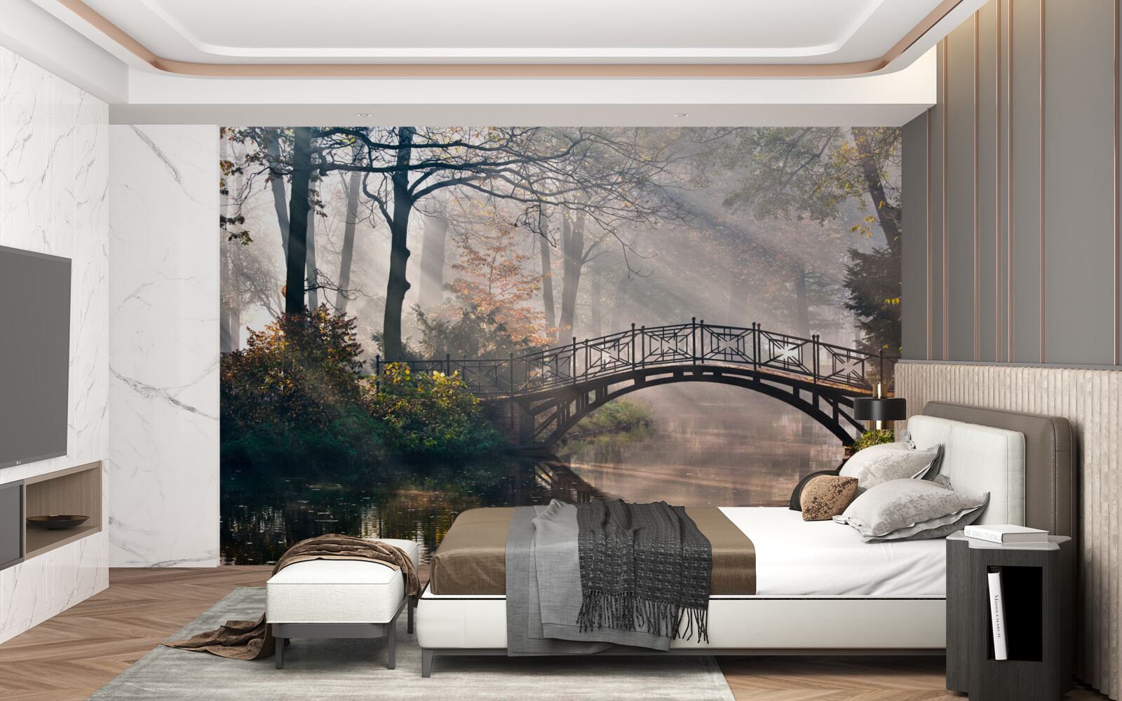 Фотошпалери туманний лісовий міст, що перекинутий через озеро, зроблений з дерева