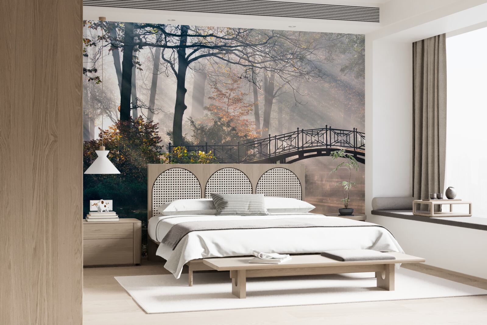 Фотошпалери туманний лісовий міст, що перекинутий через озеро, зроблений з дерева