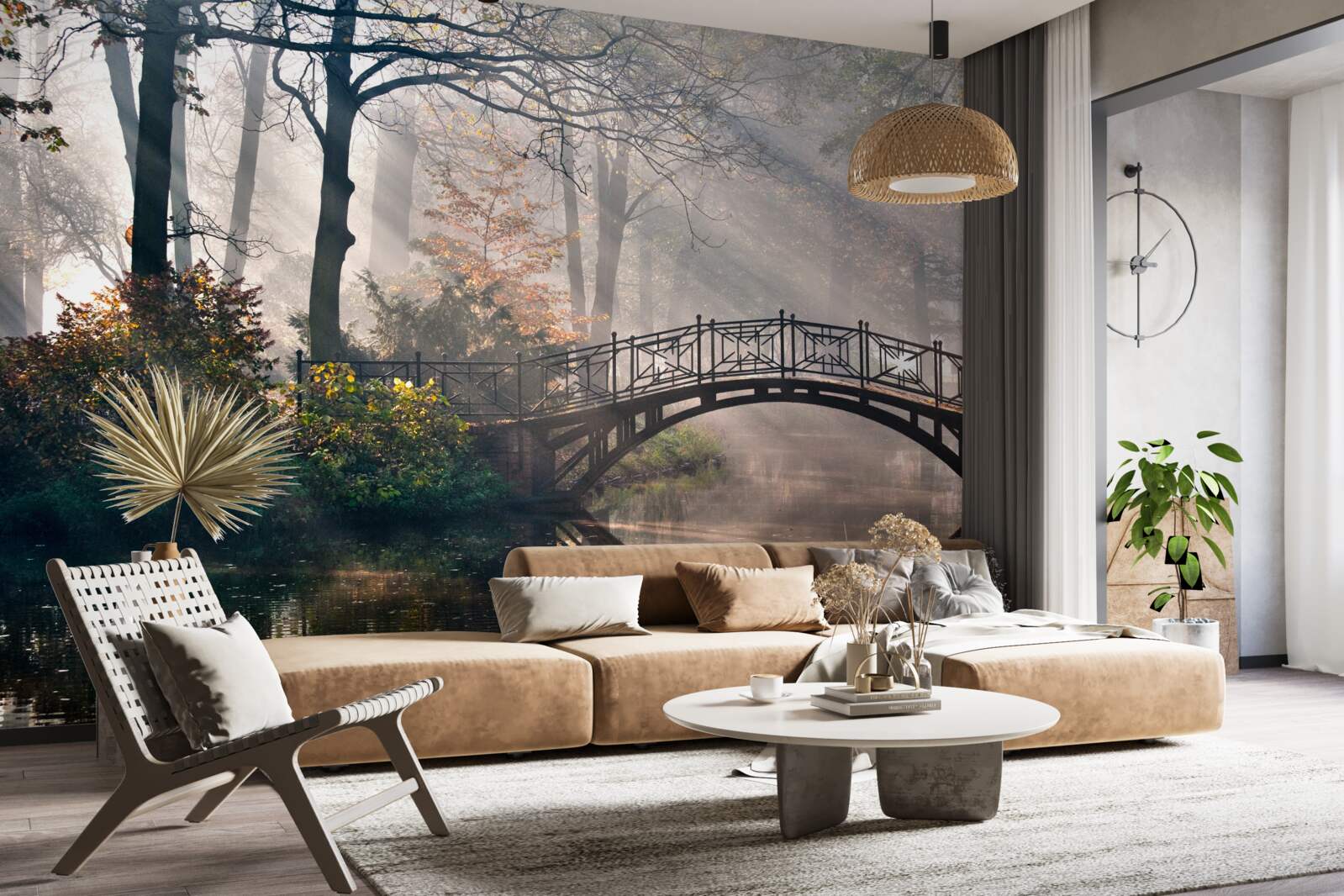 Фотошпалери туманний лісовий міст, що перекинутий через озеро, зроблений з дерева