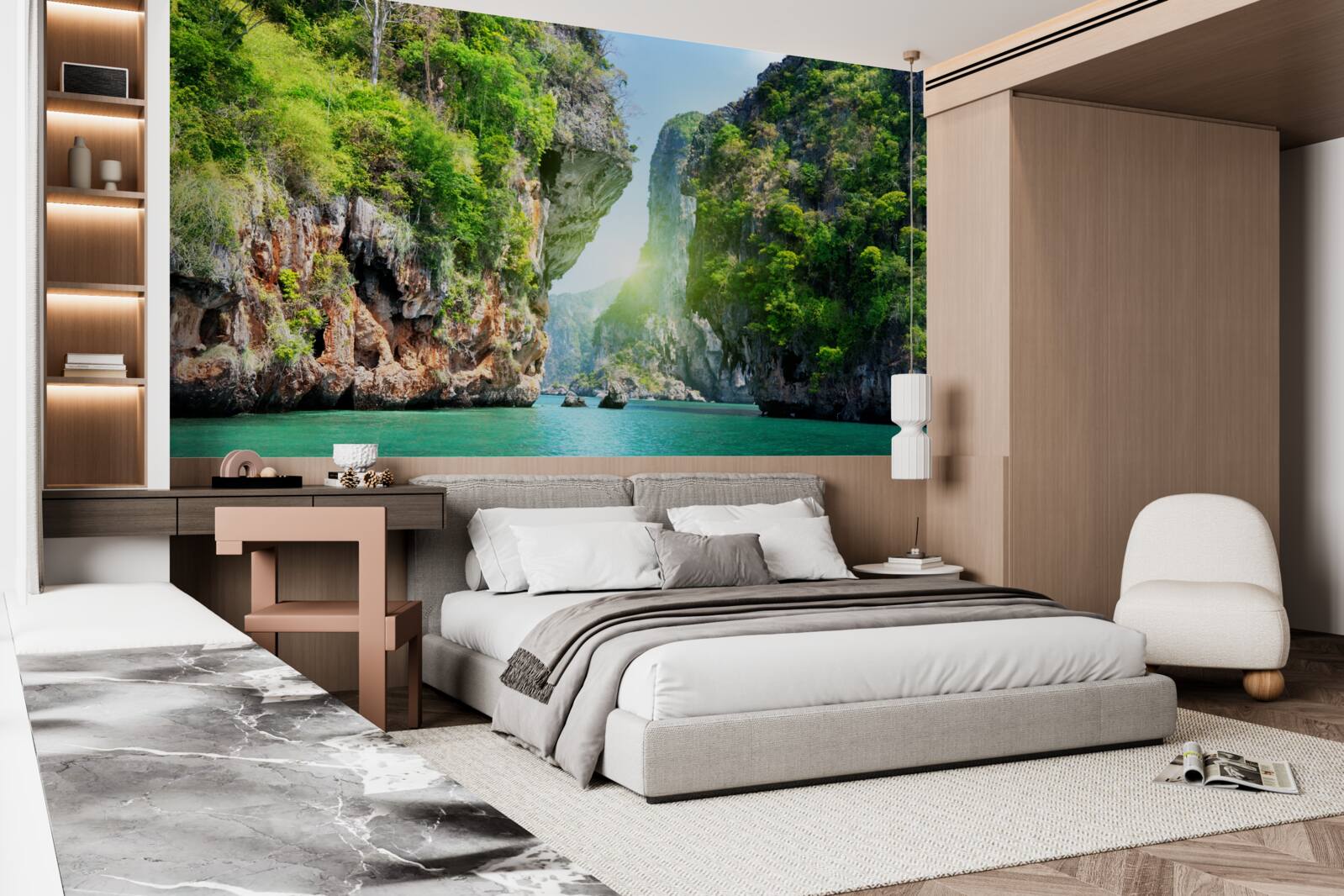 Фотошпалери скелі, пофарбовані у відтінки смарагду, здіймаються над водами моря