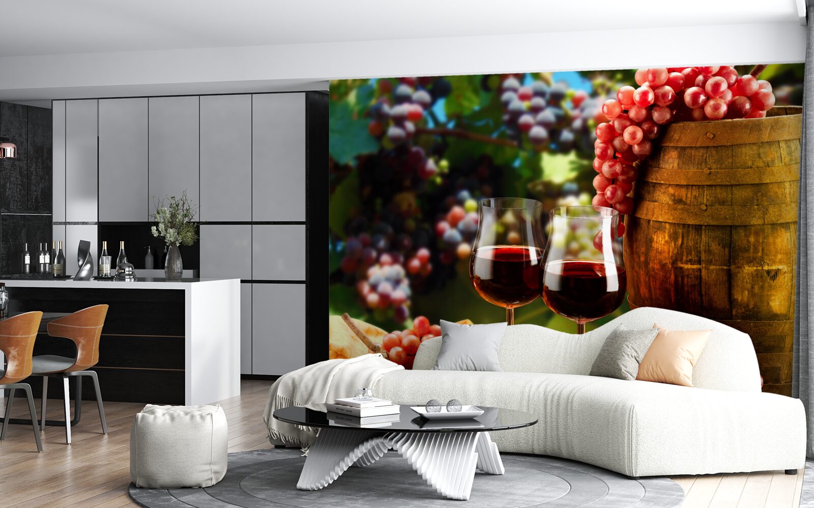 Фотошпалери виноградні грона утворюють тло для келихів, наповнених вином