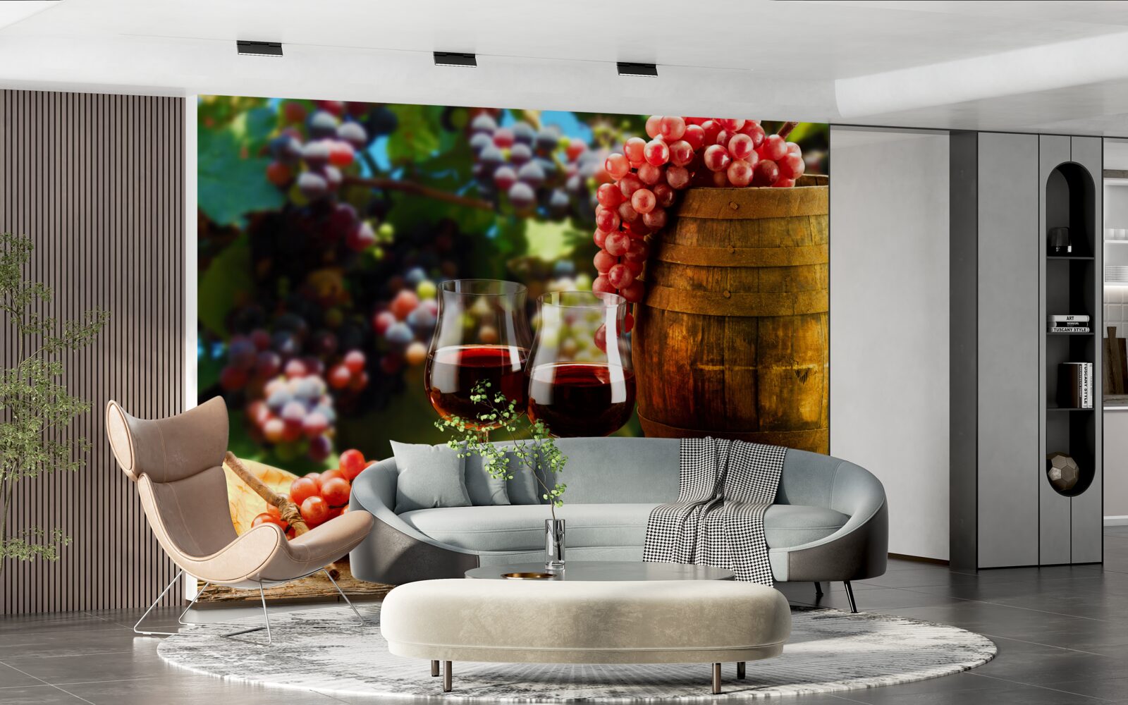 Фотошпалери виноградні грона утворюють тло для келихів, наповнених вином