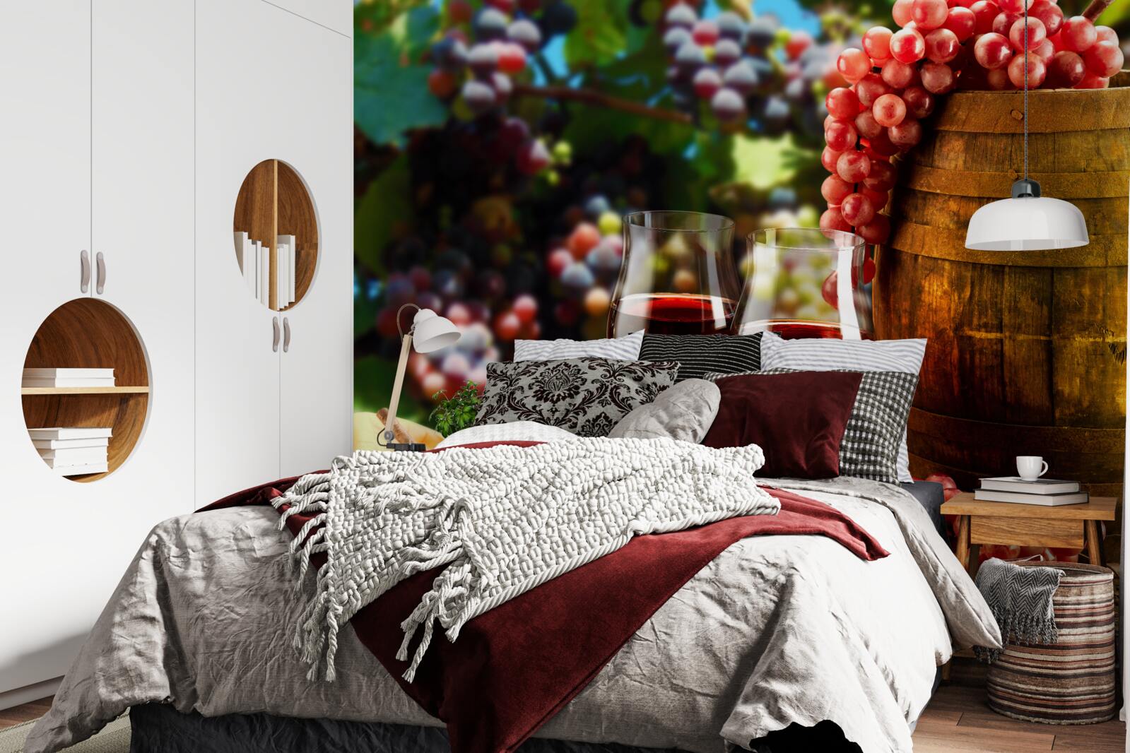 Фотошпалери виноградні грона утворюють тло для келихів, наповнених вином