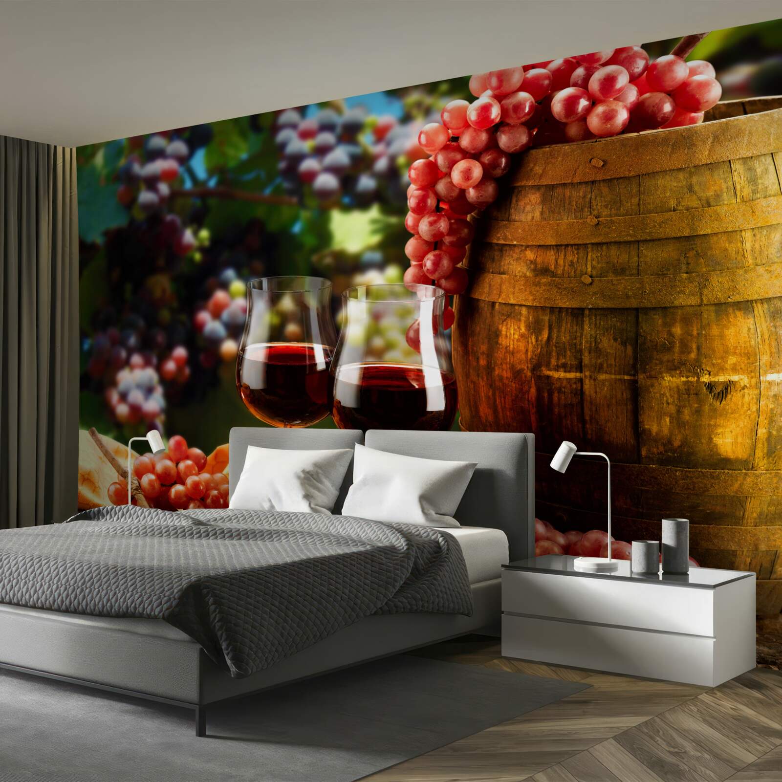 Фотошпалери виноградні грона утворюють тло для келихів, наповнених вином