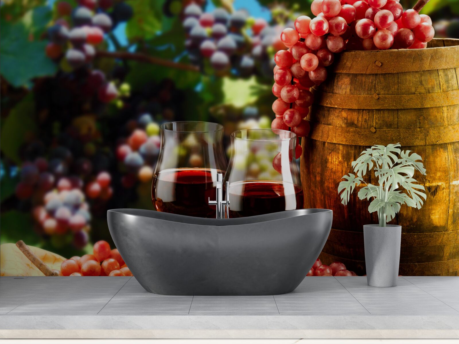 Фотошпалери виноградні грона утворюють тло для келихів, наповнених вином