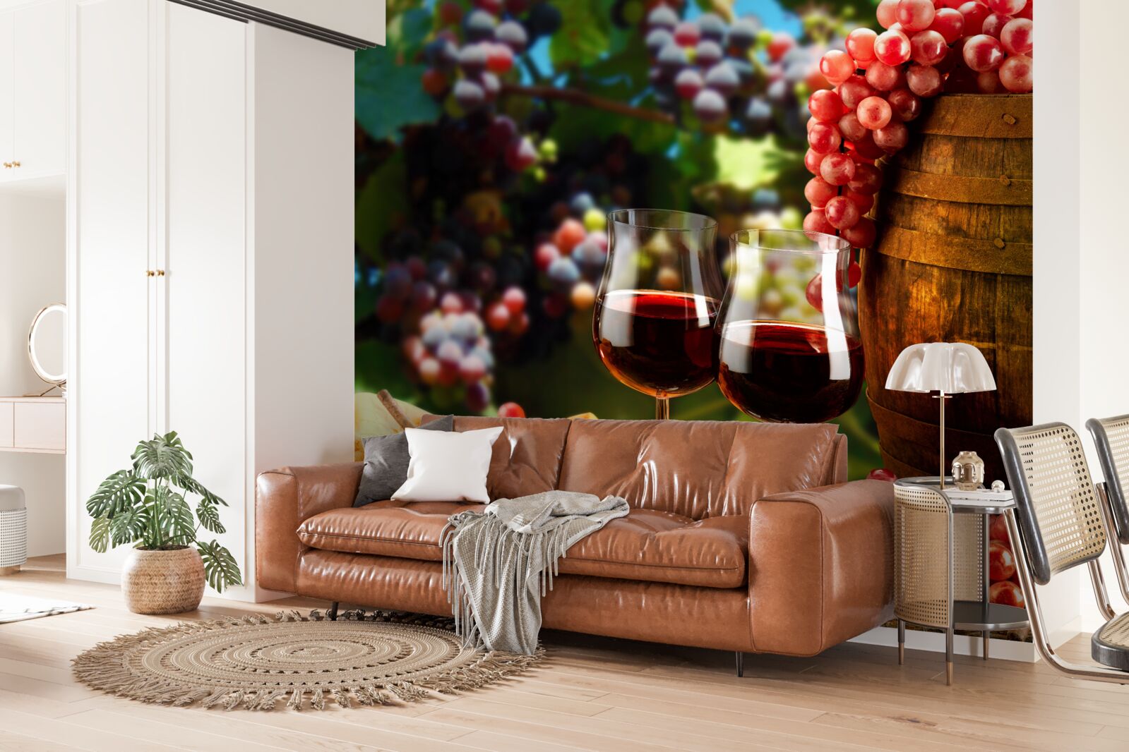 Фотошпалери виноградні грона утворюють тло для келихів, наповнених вином