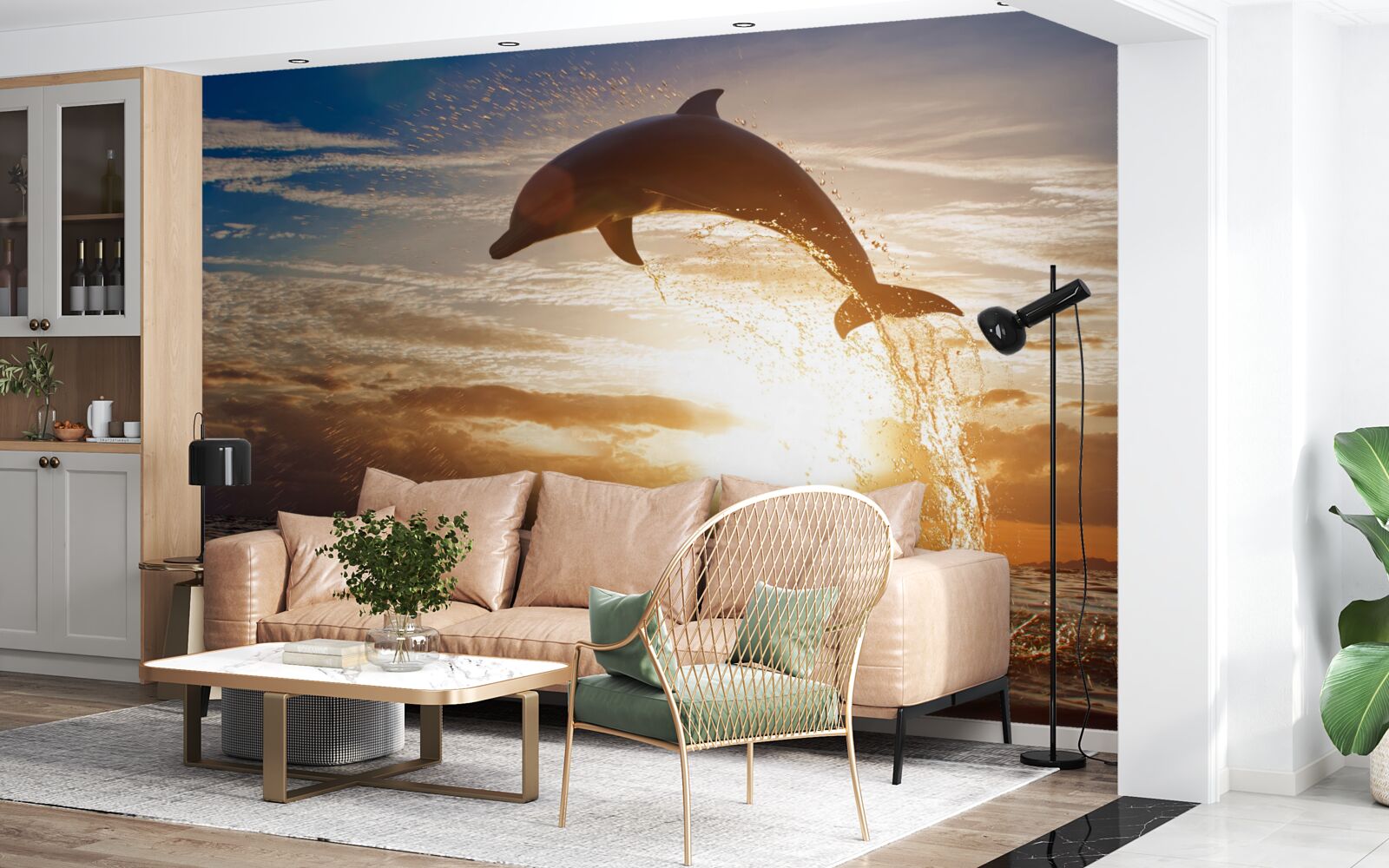 Фотошпалери дельфін вистрибує на тлі вечірнього заходу сонця