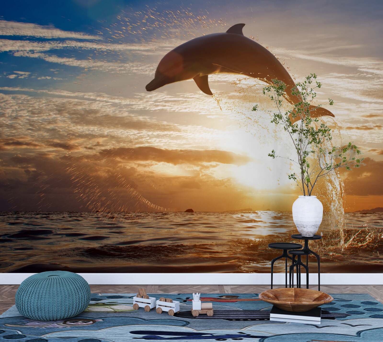 Фотошпалери дельфін вистрибує на тлі вечірнього заходу сонця