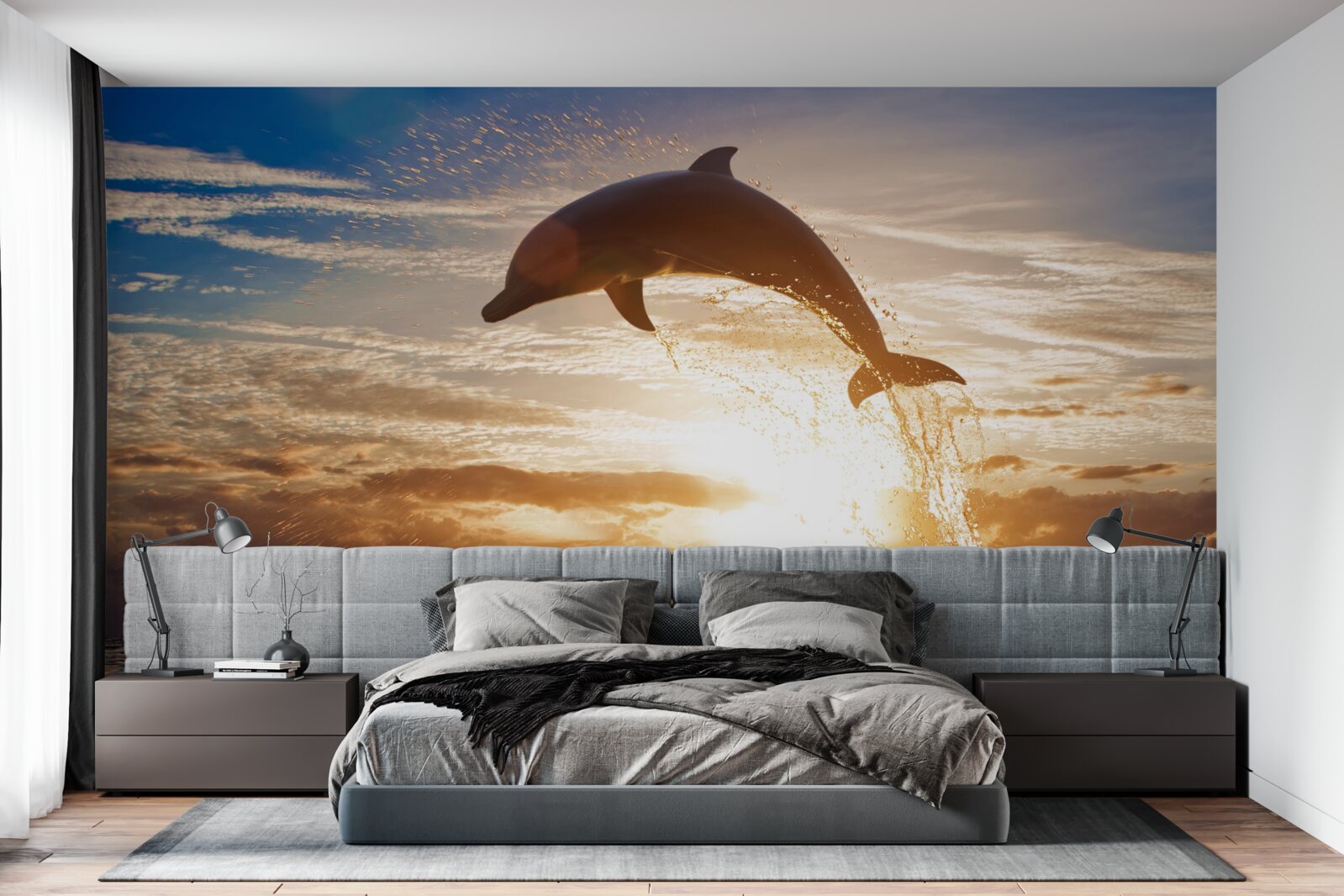 Фотошпалери дельфін вистрибує на тлі вечірнього заходу сонця