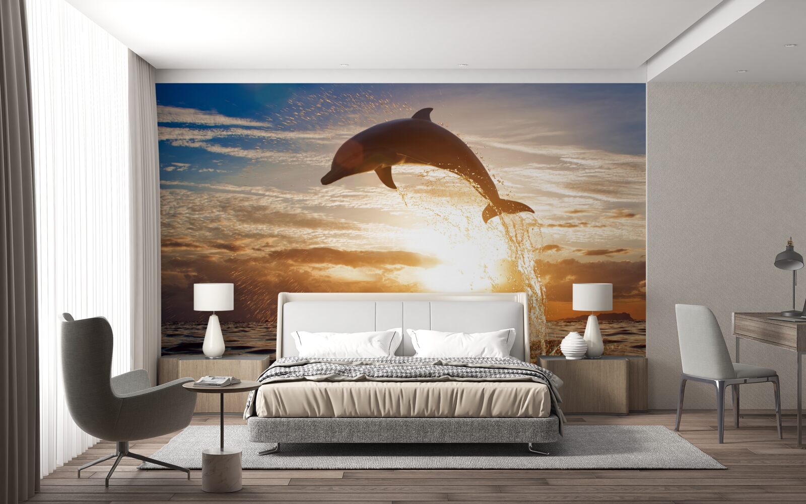 Фотошпалери дельфін вистрибує на тлі вечірнього заходу сонця