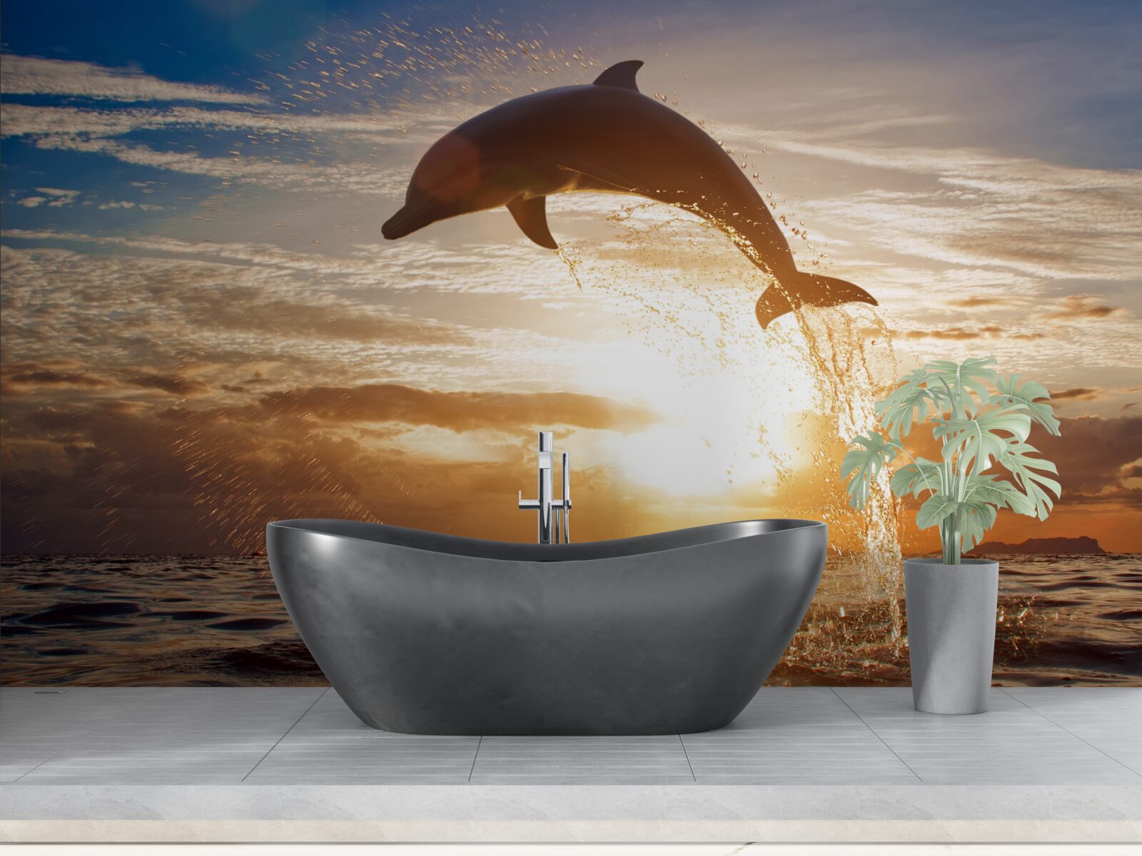 Фотошпалери дельфін вистрибує на тлі вечірнього заходу сонця