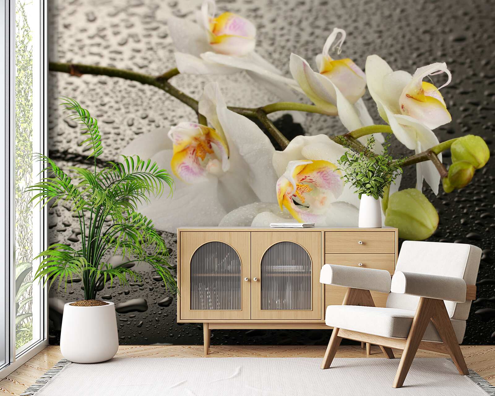 Фотошпалери Білосніжна орхідея після сильного дощу