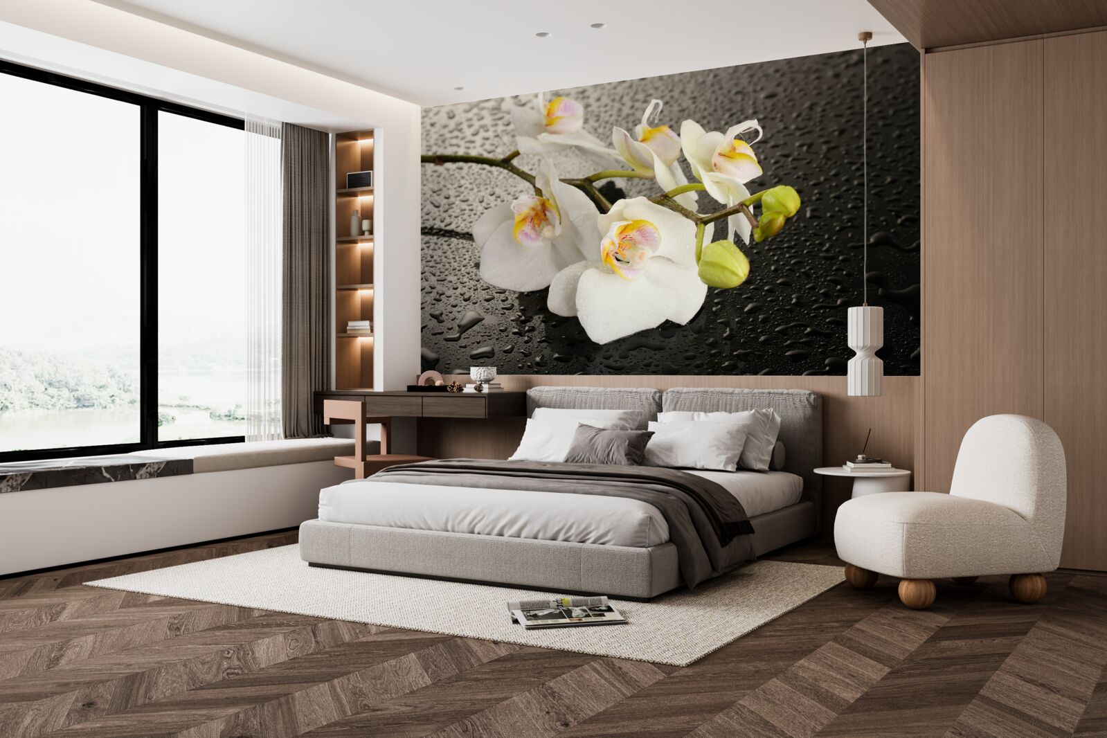 Фотошпалери Білосніжна орхідея після сильного дощу