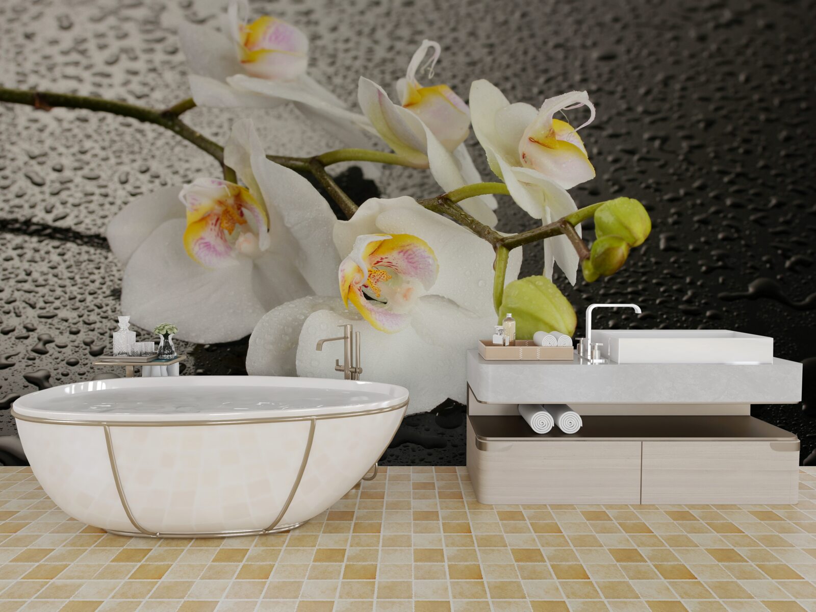 Фотошпалери Білосніжна орхідея після сильного дощу