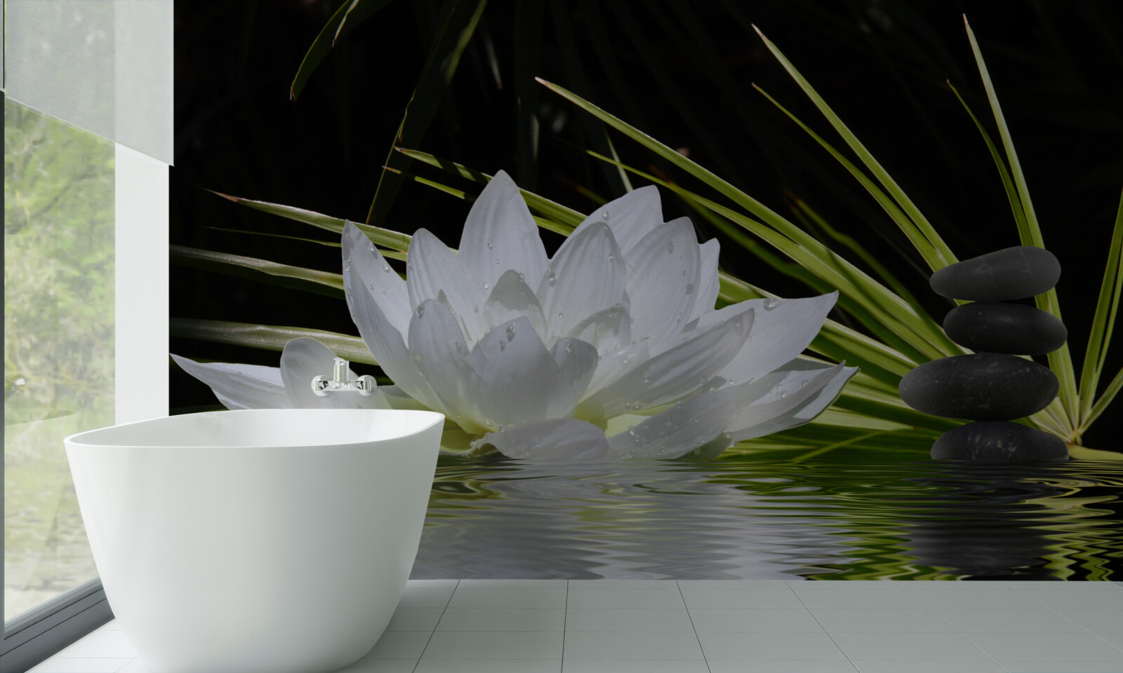 Фотошпалери на поверхні води плавають сірі камінці та біле латаття