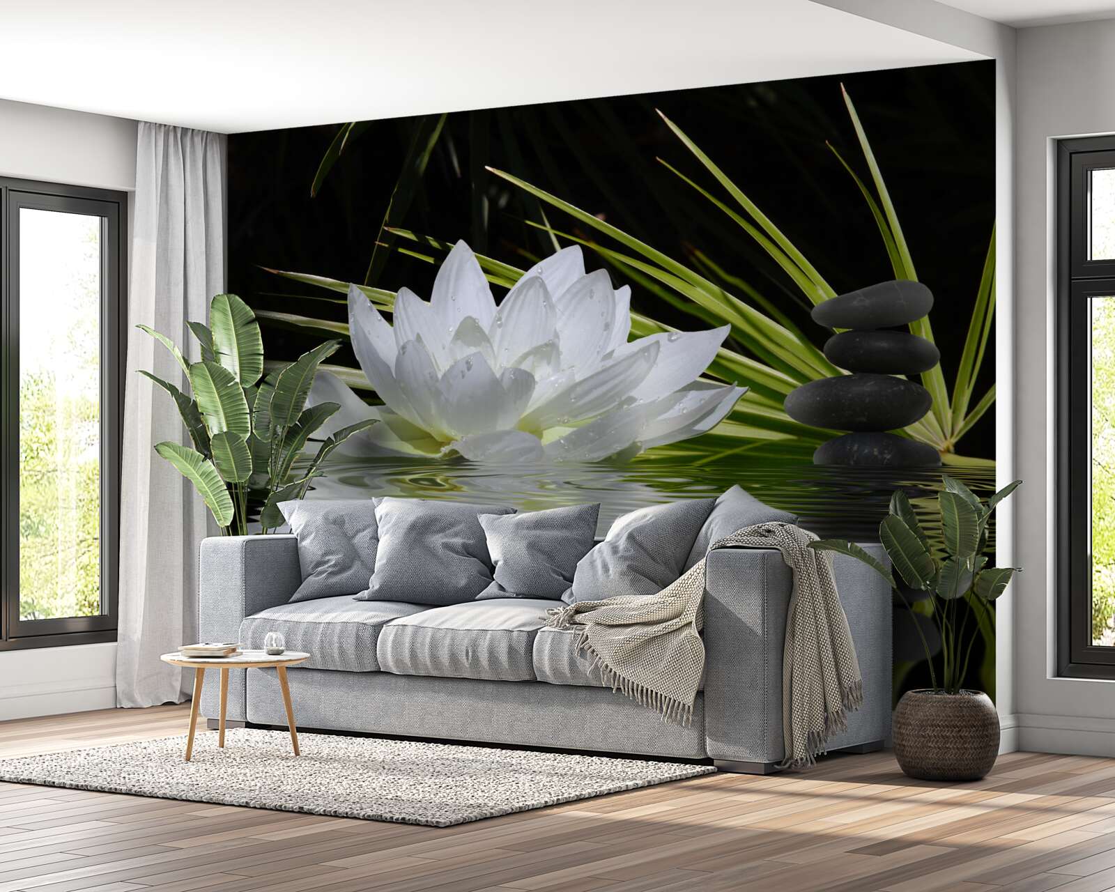 Фотошпалери на поверхні води плавають сірі камінці та біле латаття