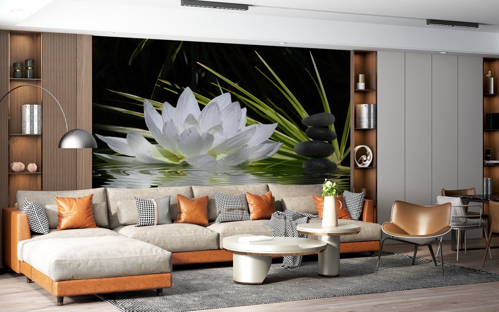 Фотошпалери на поверхні води плавають сірі камінці та біле латаття