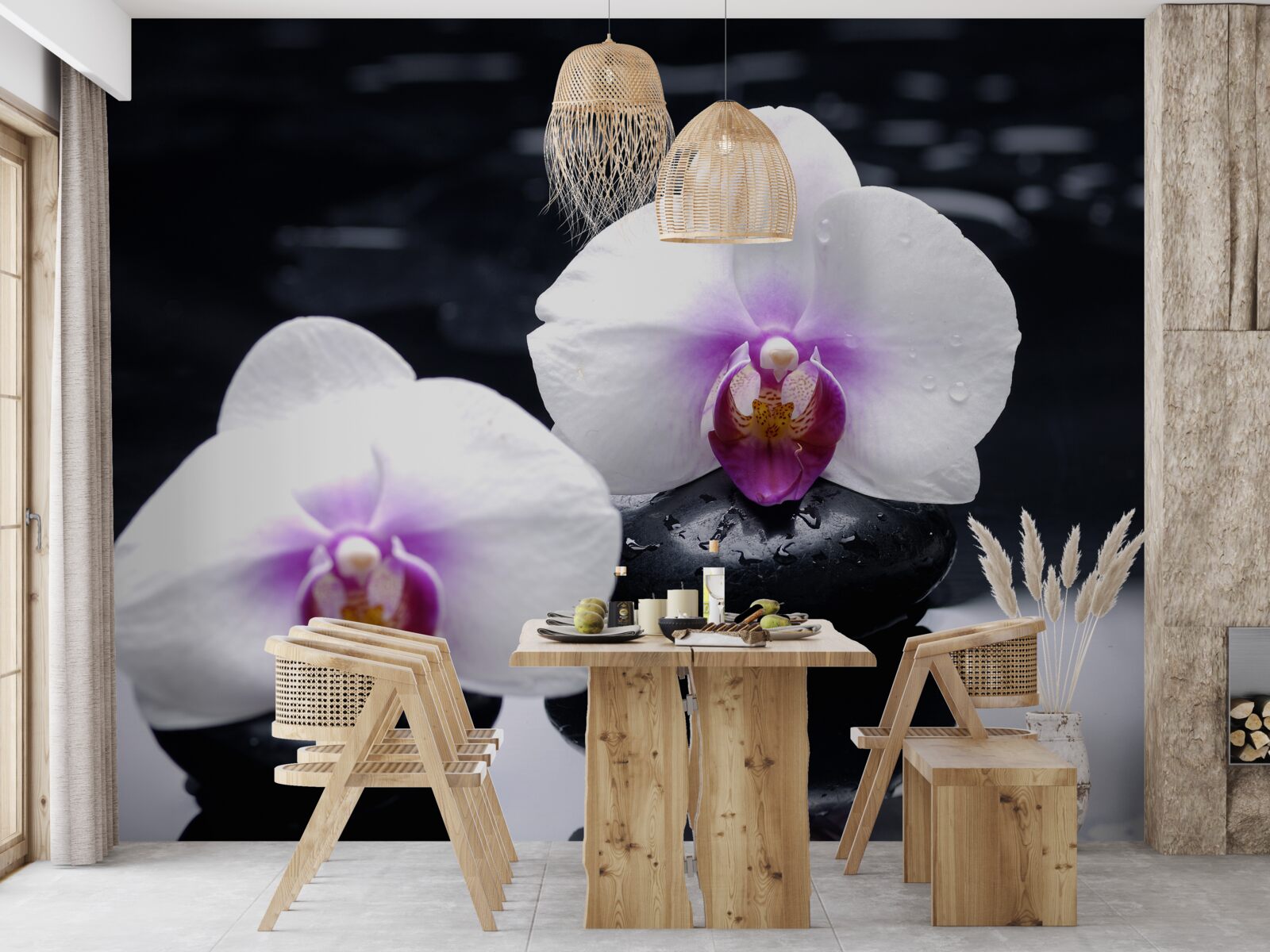 Фотошпалери Білосніжна орхідея на чорних блоках