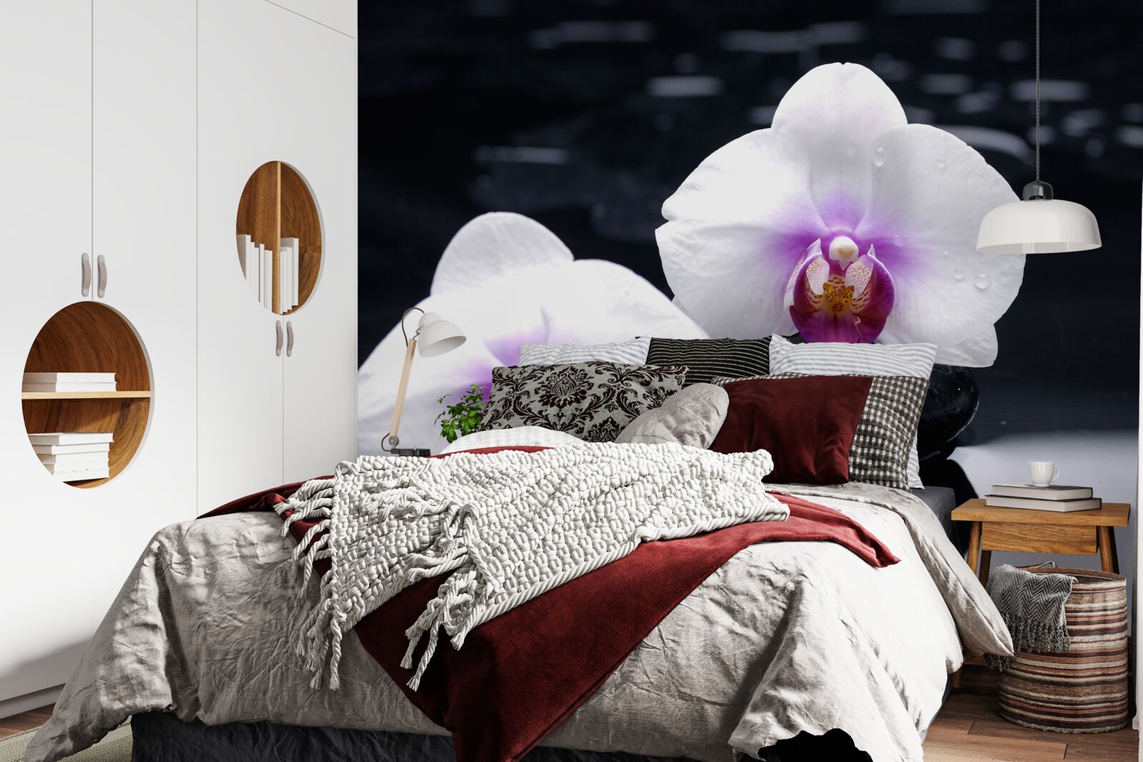 Фотошпалери Білосніжна орхідея на чорних блоках