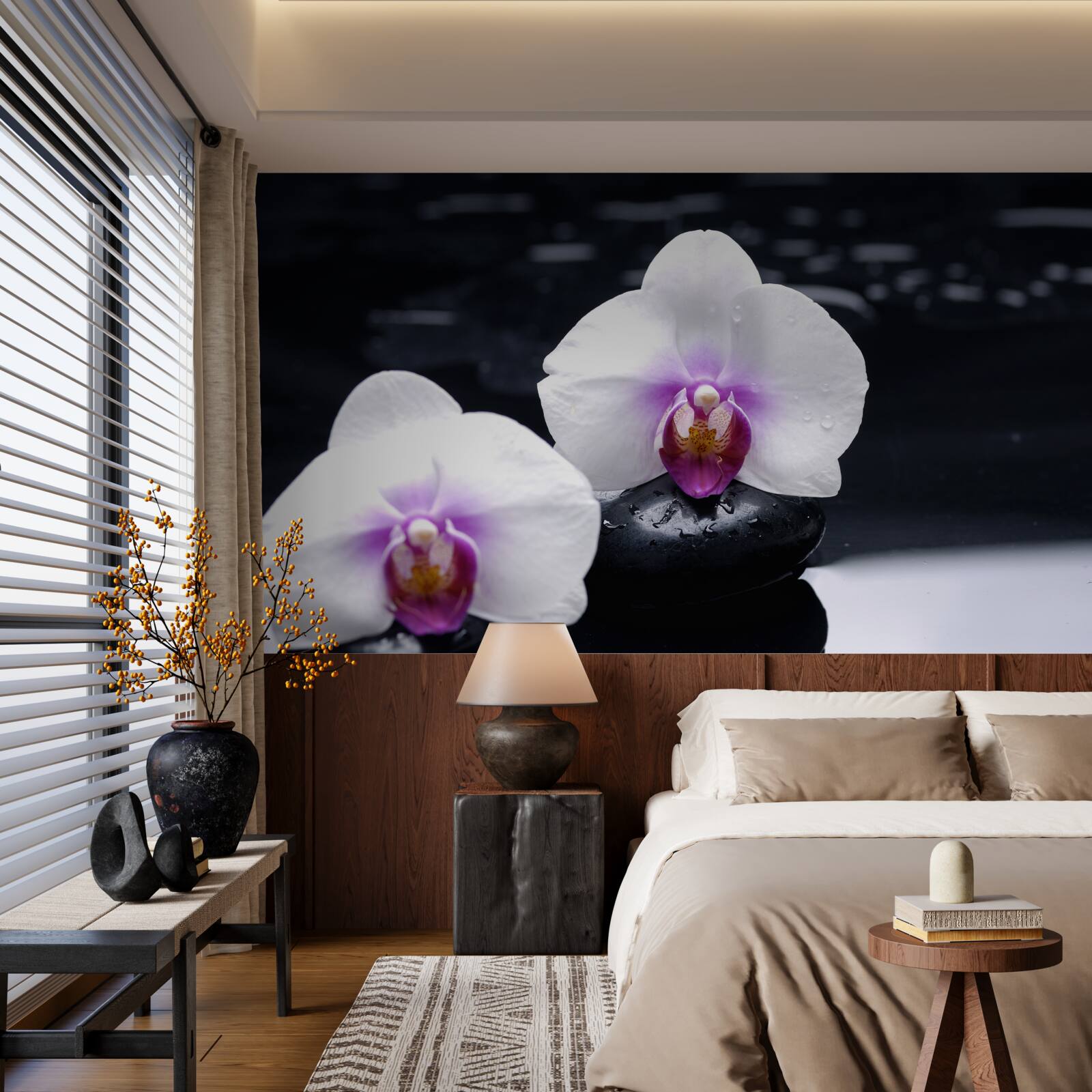 Фотошпалери Білосніжна орхідея на чорних блоках