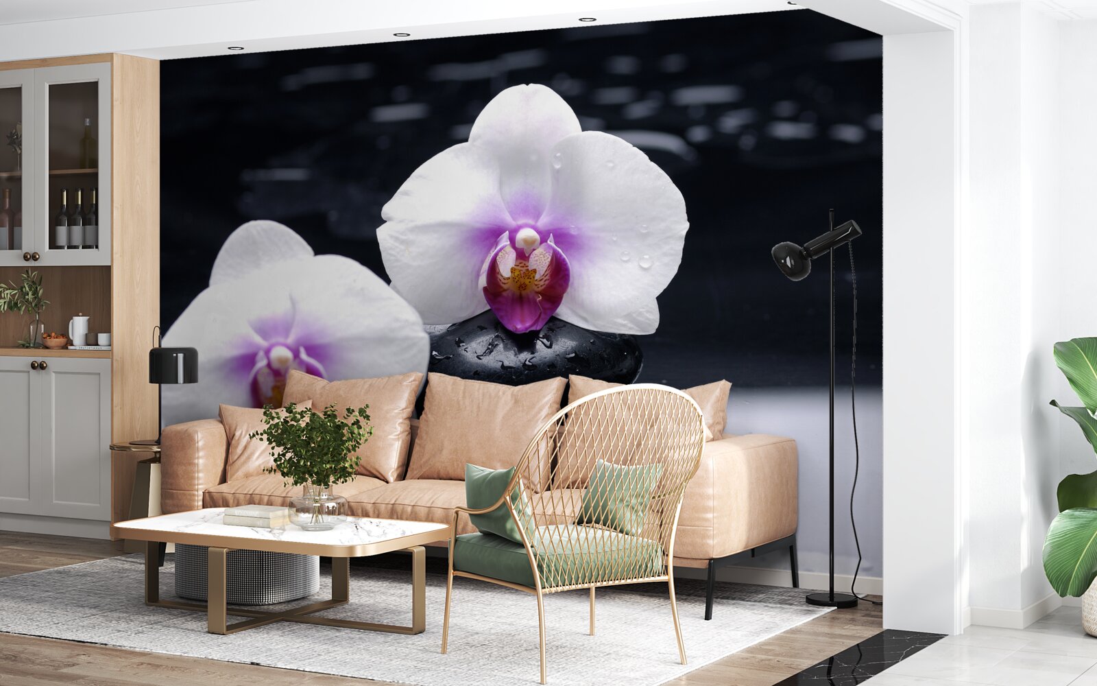 Фотошпалери Білосніжна орхідея на чорних блоках