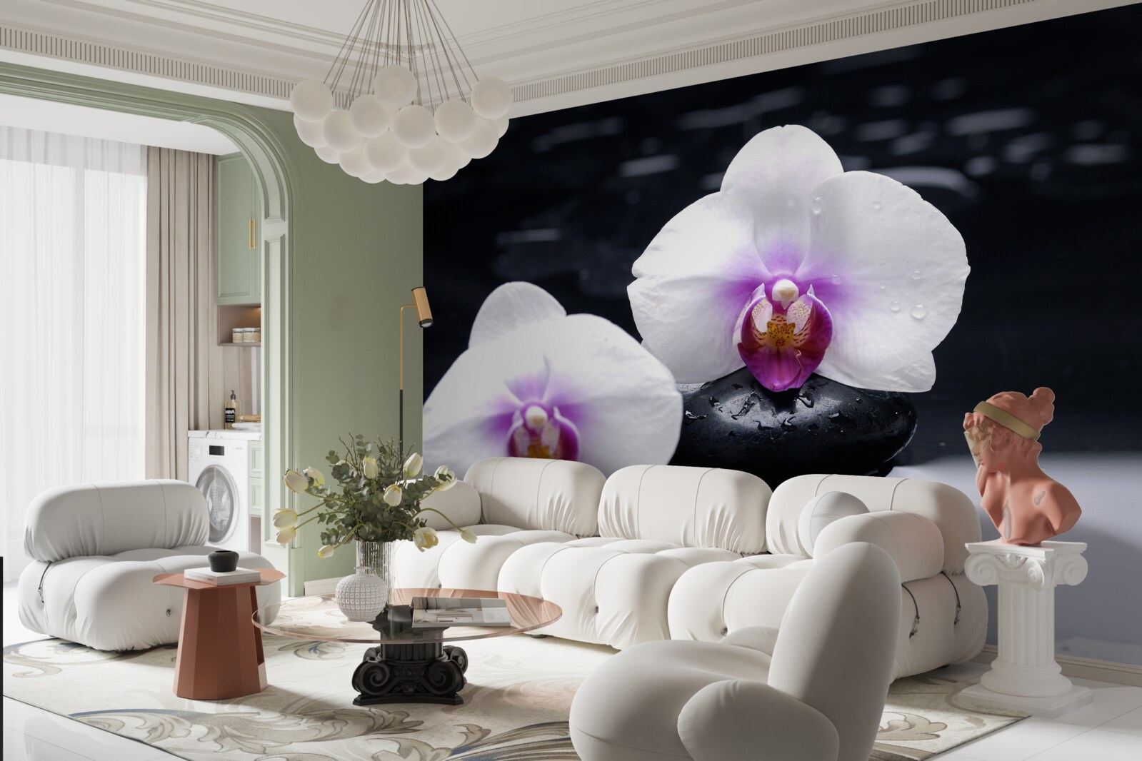 Фотошпалери Білосніжна орхідея на чорних блоках