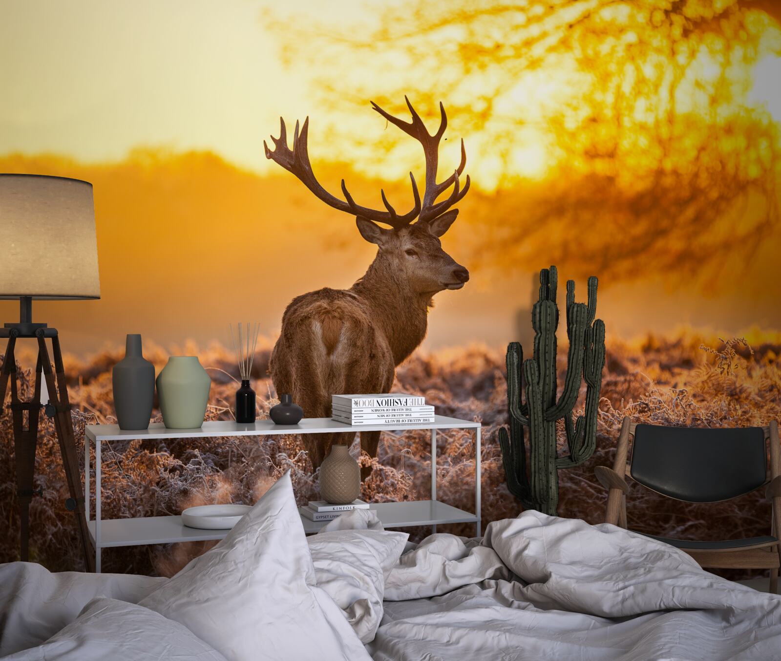 Фотошпалери елегантний олень супроводжує світанок на великому полі