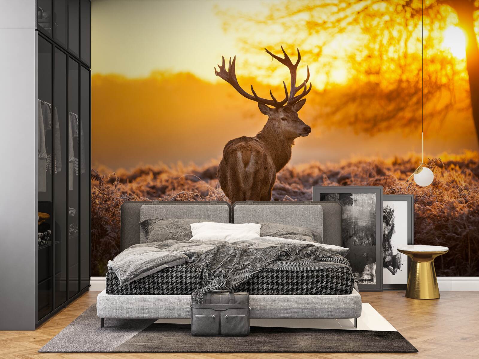 Фотошпалери елегантний олень супроводжує світанок на великому полі