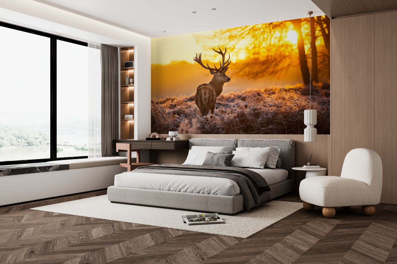 Фотошпалери елегантний олень супроводжує світанок на великому полі