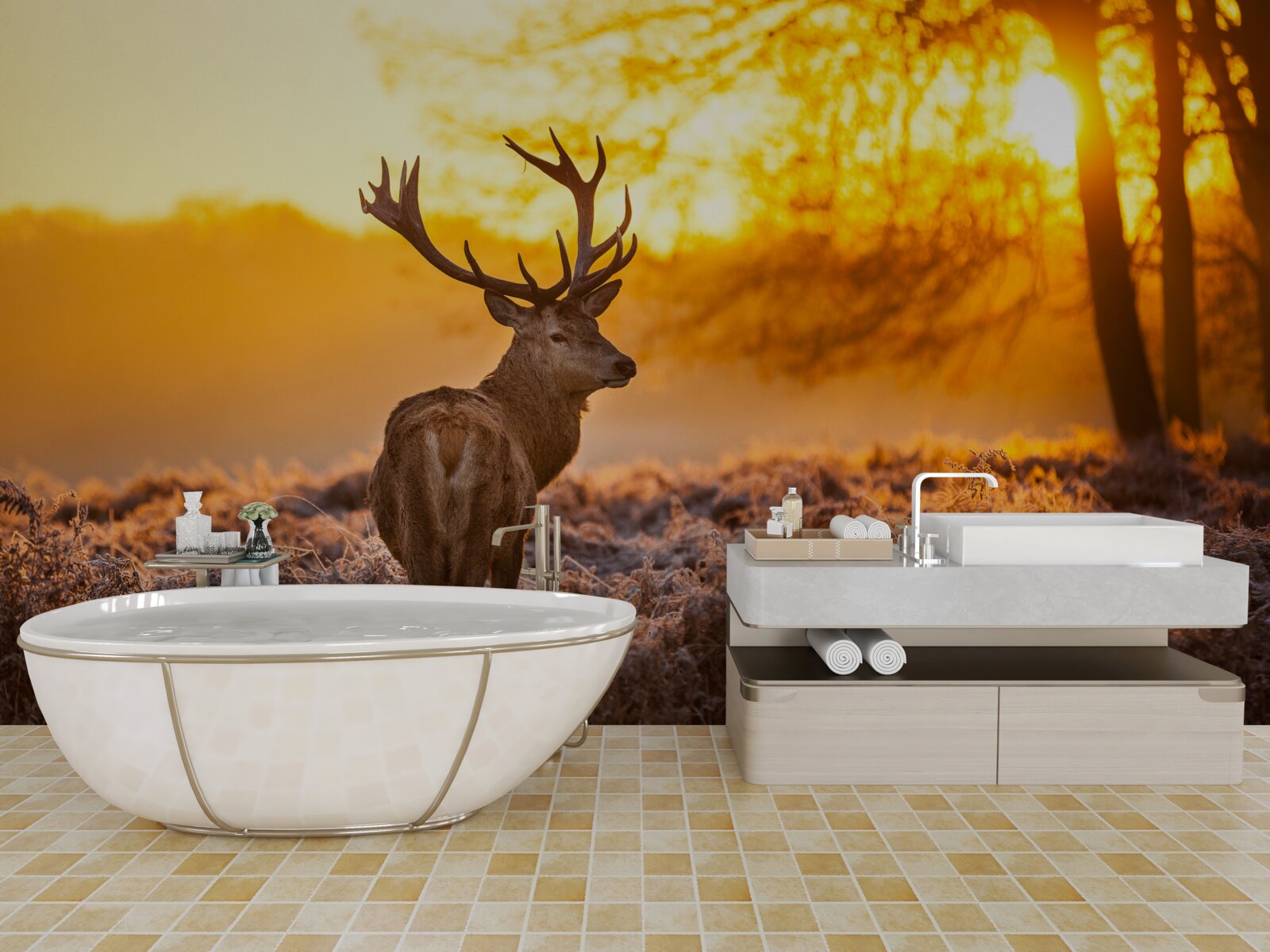 Фотошпалери елегантний олень супроводжує світанок на великому полі