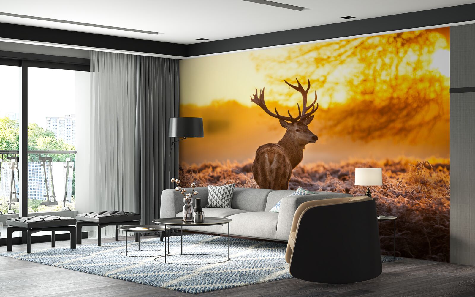 Фотошпалери елегантний олень супроводжує світанок на великому полі