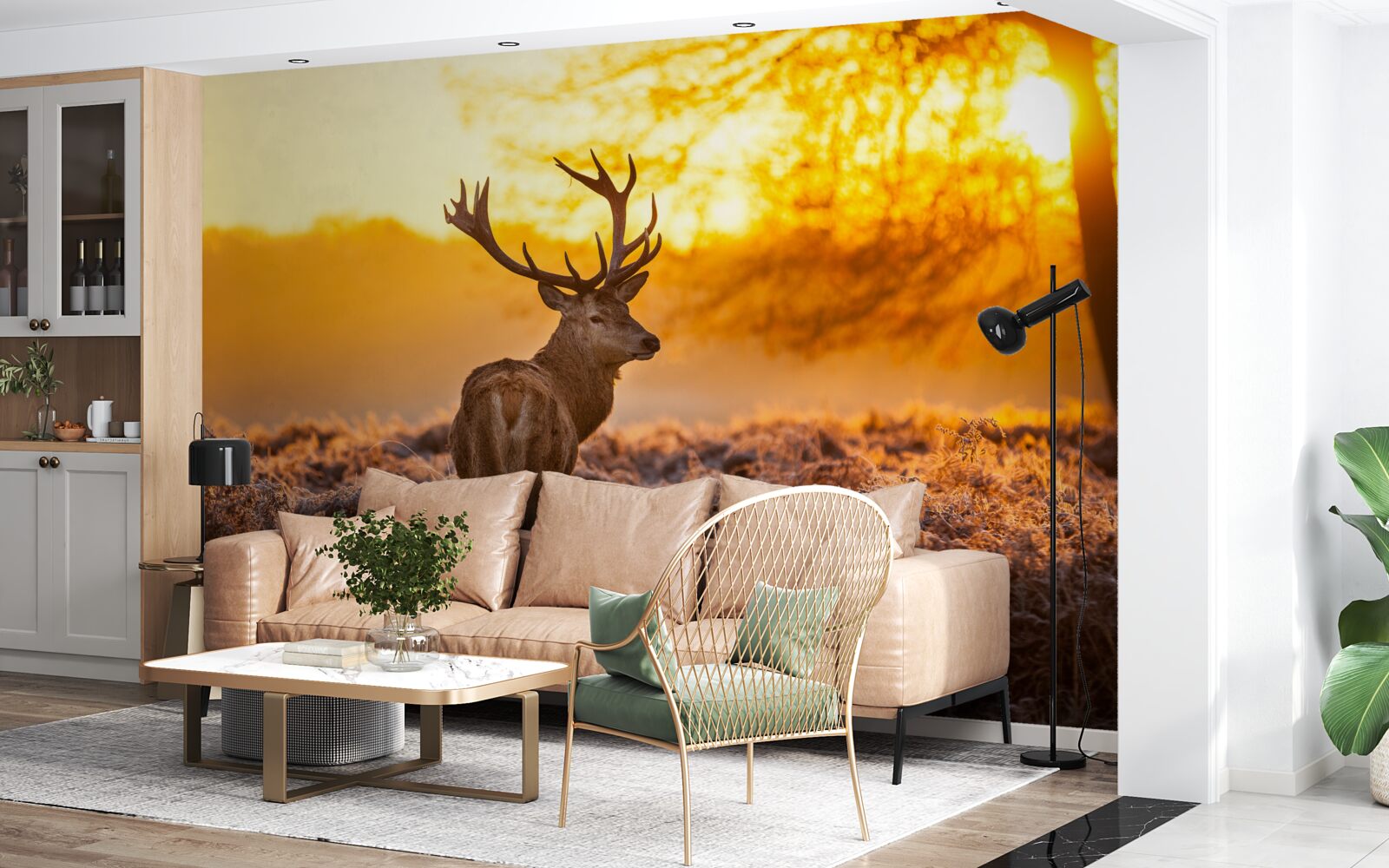 Фотошпалери елегантний олень супроводжує світанок на великому полі