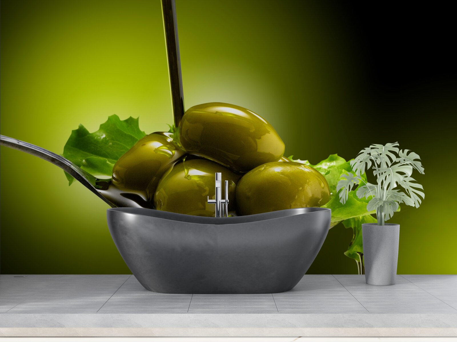 Фотошпалери зелені оливки на ложці