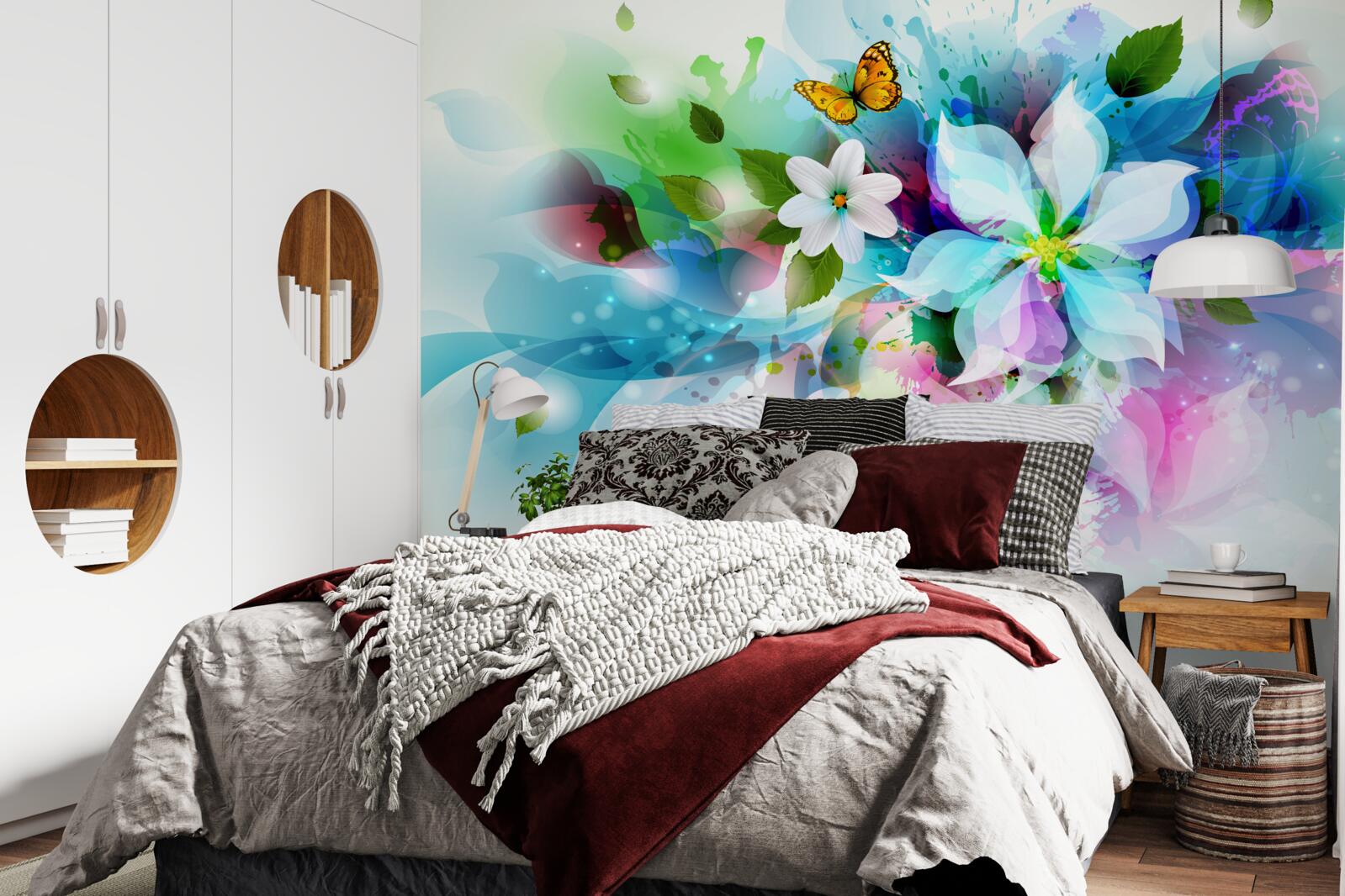 Фотошпалери дівчина з квітами у волоссі, що представляє абстракцію