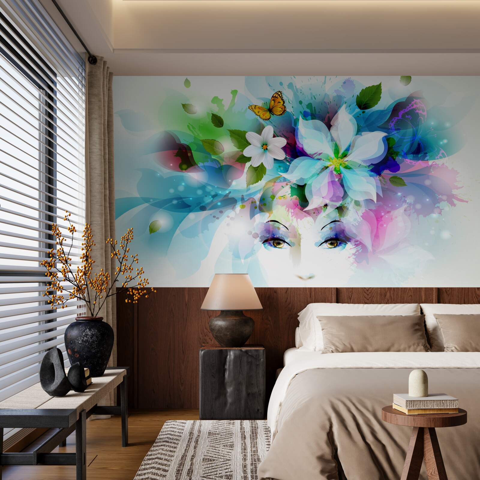 Фотошпалери дівчина з квітами у волоссі, що представляє абстракцію