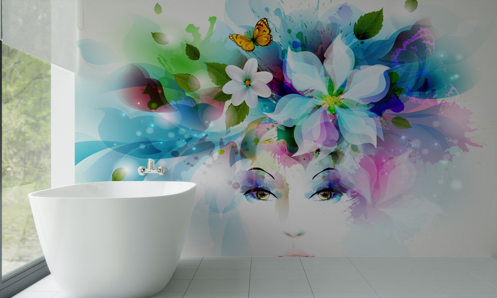 Фотошпалери дівчина з квітами у волоссі, що представляє абстракцію