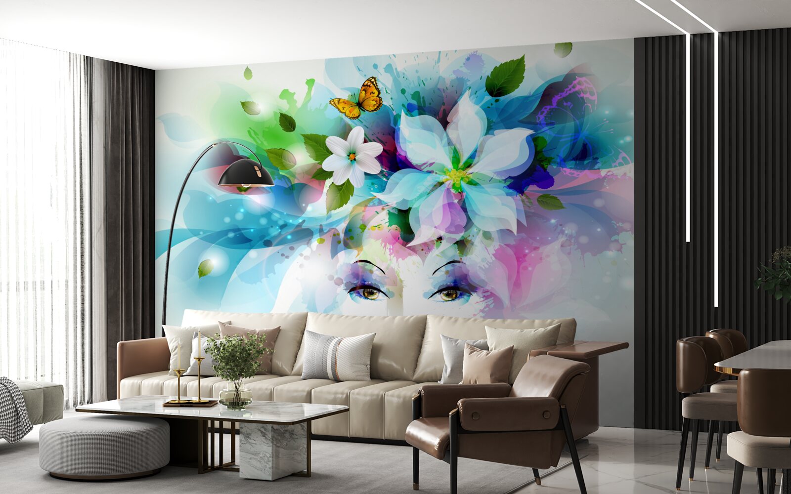 Фотошпалери дівчина з квітами у волоссі, що представляє абстракцію