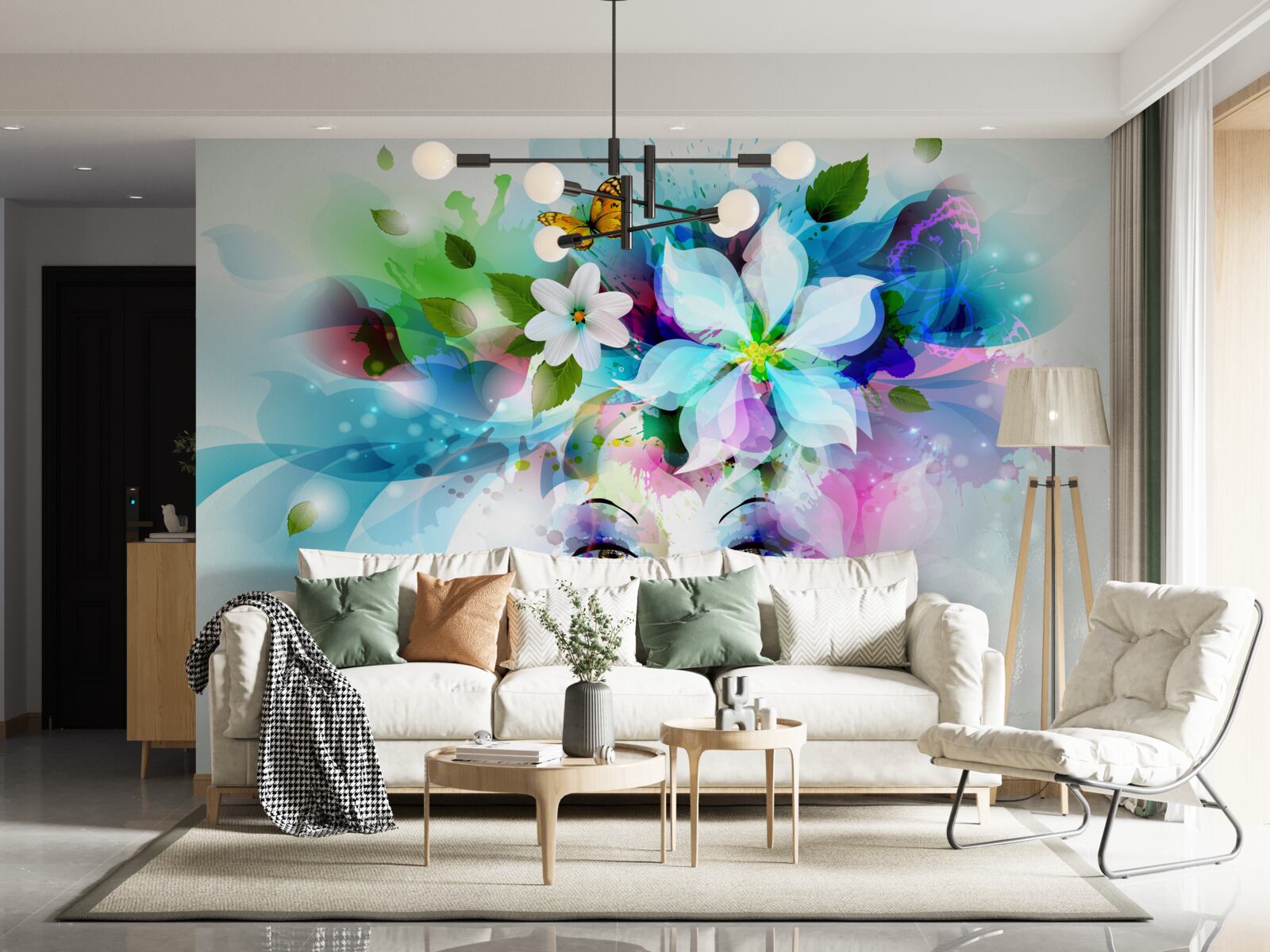 Фотошпалери дівчина з квітами у волоссі, що представляє абстракцію