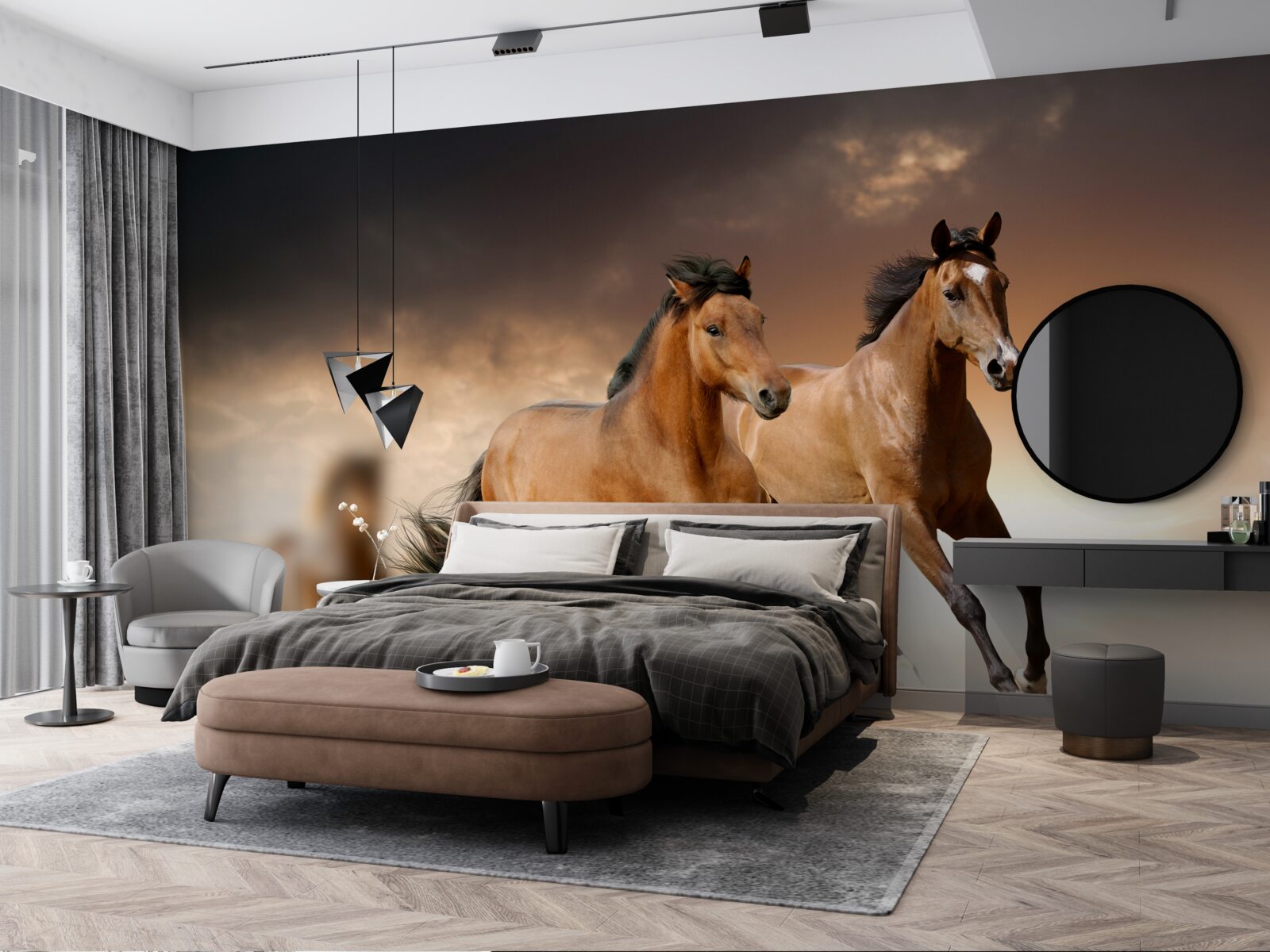 Фотошпалери два коричневі коні мчать повз один одного