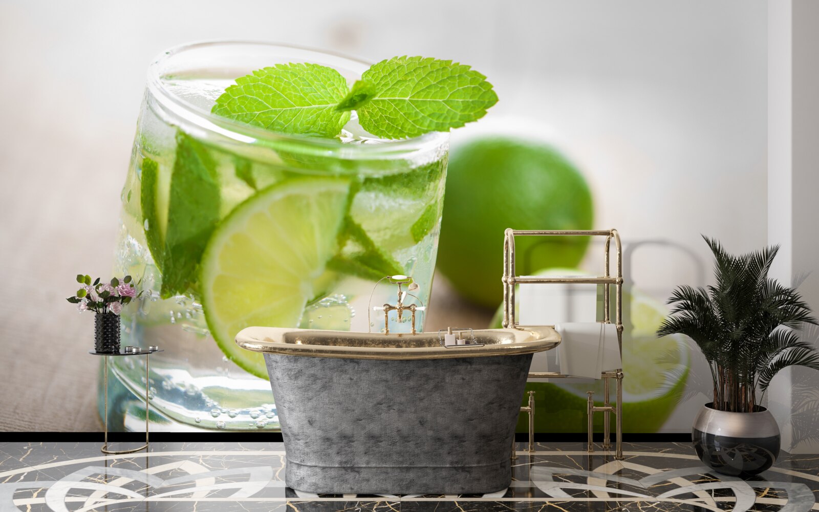 Фотошпалери склянка води з лаймом і м'ятою