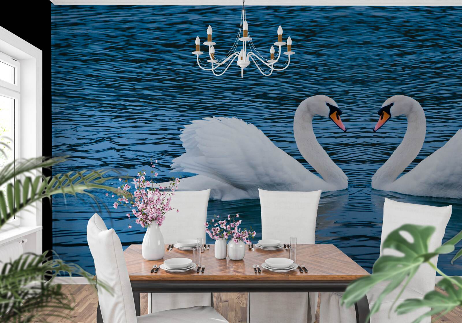 Фотошпалери пара лебедів на поверхні води створює ідилічну сімейну картину