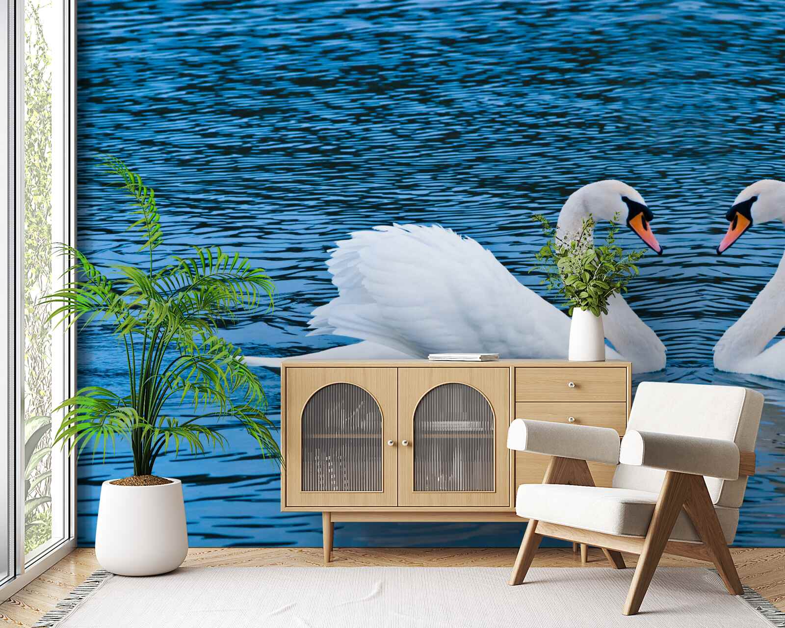 Фотошпалери пара лебедів на поверхні води створює ідилічну сімейну картину