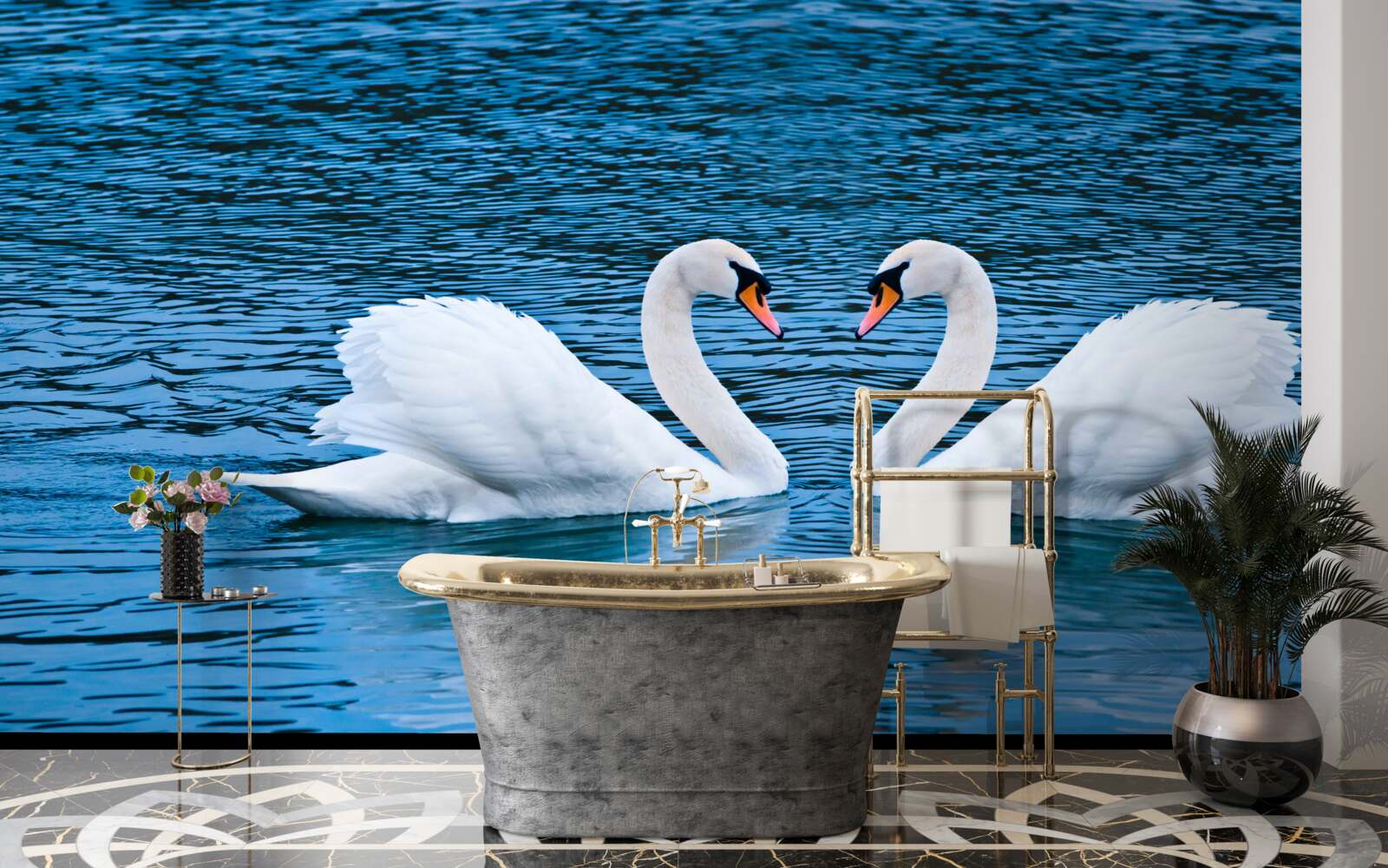 Фотошпалери пара лебедів на поверхні води створює ідилічну сімейну картину