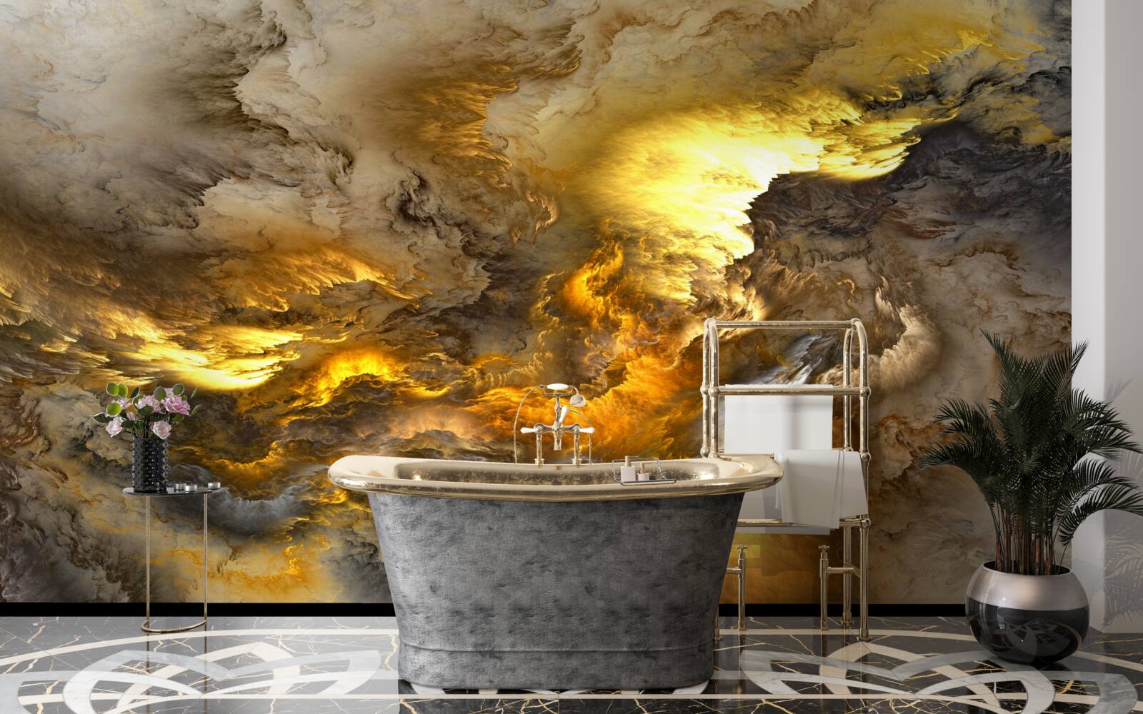 Фотошпалери бежевий мармур із золотим поділом