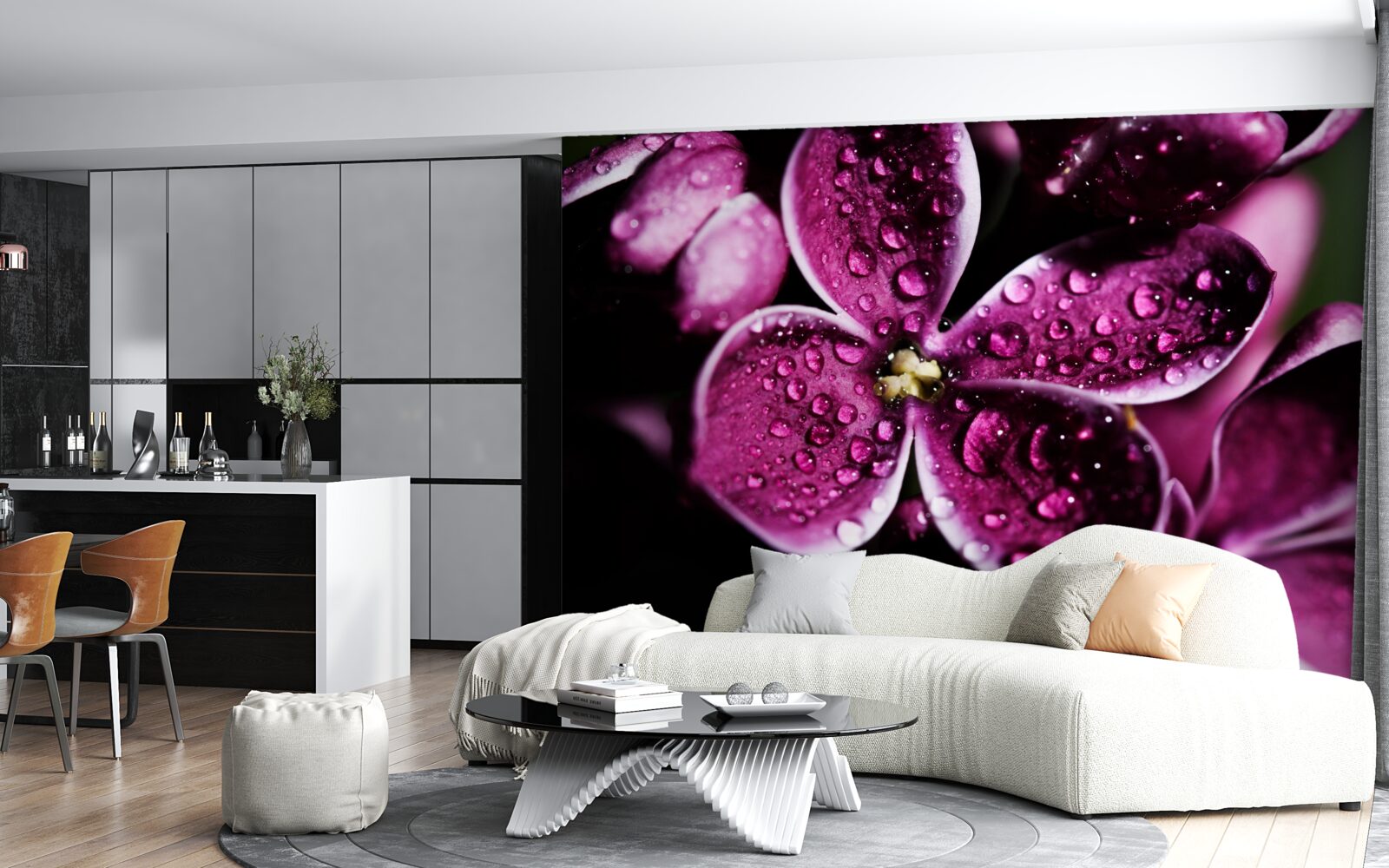 Фотошпалери крихітні крапельки на квітах зі світло-фіолетовим відтінком