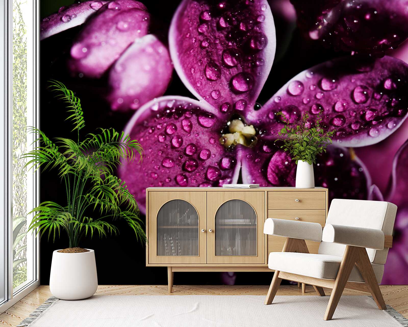 Фотошпалери крихітні крапельки на квітах зі світло-фіолетовим відтінком