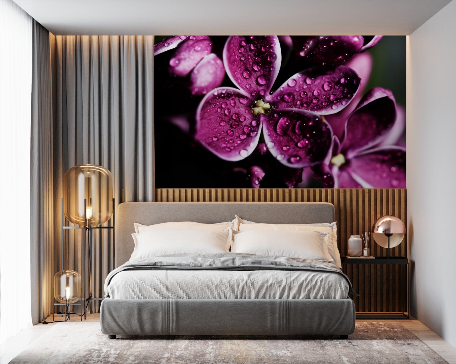 Фотошпалери крихітні крапельки на квітах зі світло-фіолетовим відтінком